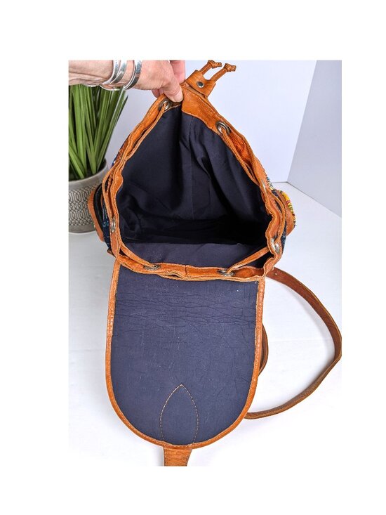 Handmade Woven Backpack Leather Trim Boho Tribal Stripe Ethnic Rucksack Nice! main image 8